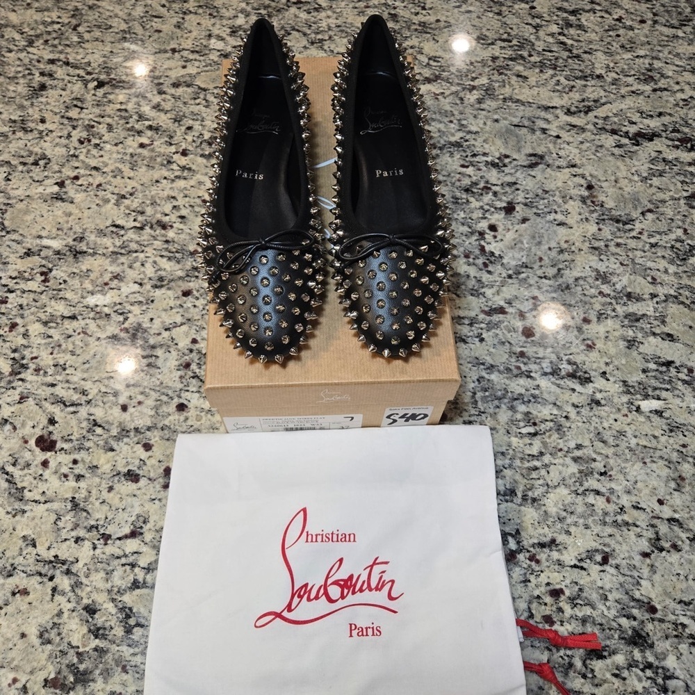 NEW Christian Louboutin Sweetie Jane Spikes Black Studded Flats Size 37 - Picture 2 of 13
